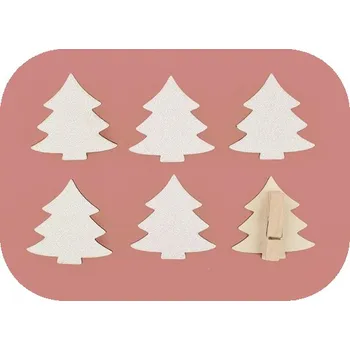 Vánoční dekorace Anděl Přerov s.r.o. Dřevěné bílé stromy s glitry na kolíčku 4,5 cm, 6 ks