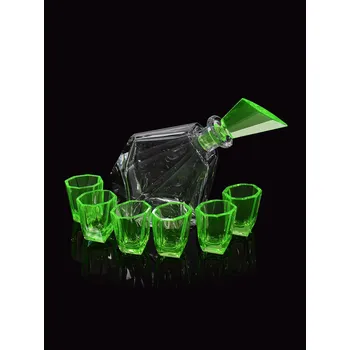 Preciosa Skleněná karafa Střelec se zátkou a skleničkami, zelený uran