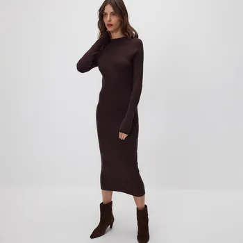 Dámské šaty Reserved - Žebrované šaty s viskózou - tmavě hnědá - 466HI-89X - 466HI-89X-XS