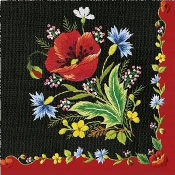 Papírový ubrousek SERVÍTKY VÝŠIVKA HORSKÉ VLČÍ MÁKY NA ČERNÉM POZADÍ KVĚTINY 33x33 CM 20 KS