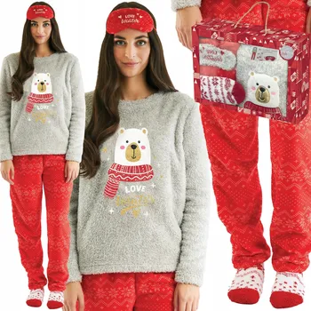 Dámské pyžamo Dámské Vánoční Pyžamo Teplé Ponožky Čelenka Dárková Sada XL Šedá