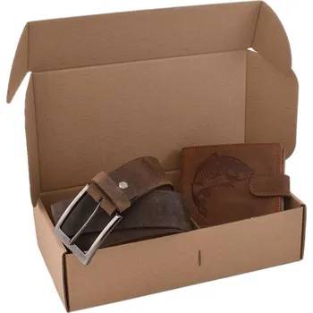 Rybářské oblečení Mercucio Rybářský Dárkový Set Kapr - Pánská Peněženka a Kožený Opasek Tmavý Šitý