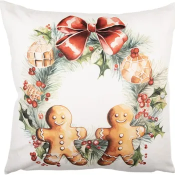 Dekorativní polštářek Béžový vánoční povlak na polštář s perníčky a věncem – 45x45 cm
