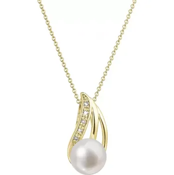 Oblečení a móda Zlatý 14 karátový náhrdelník s bílou říční perlou a brilianty 92PB00051