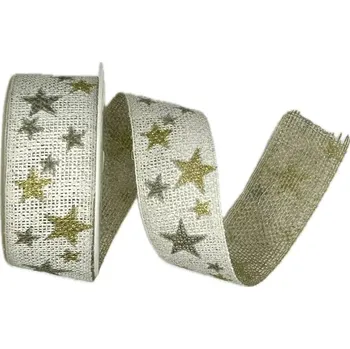 Stuha Stuha vánoční WINTER HEAVEN WHITE bílá 25mm x 2m (11,-Kč/m) (Stuha lněná, čistě bílá, potisk zlaté hvězdy, jednostranná)