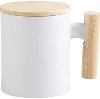 Bílý hrnek 330 ml s dřevěnou rukojetí a víčkem sublimace termotransfer