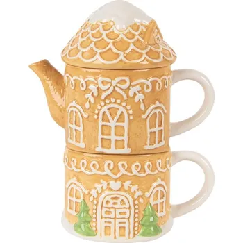 Konvice na čaj Vánoční keramická konvička s pokličkou a hrnečkem ve tvaru perníkového domečku – 19x12x23 cm