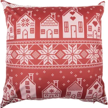 Dekorativní polštářek Červený vánoční povlak na polštář s norským vzorem s domečky – 45x45 cm