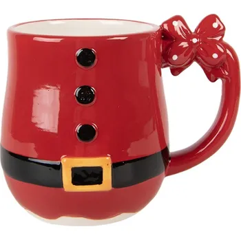 Talíř Červený vánoční keramický hrneček kabát Santa Clause s mašlí na oušku – 13x9x11 cm