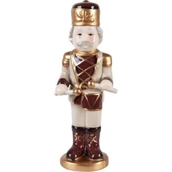 Vánoční dekorace keramická figurka Louskáček s bubínkem béžovo-červený Moer – 8x8x25 cm