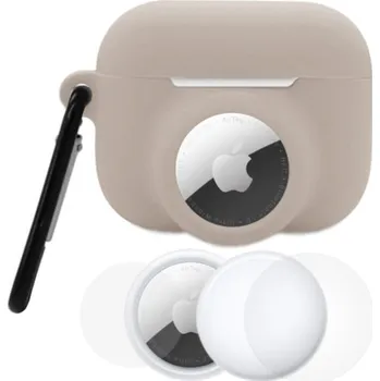 Pouzdro na mobilní telefon 3v1 sada silikonového obalu a ochranné fólie na přední a zadní stranu pro AirPods Pro 3 / AirTag - béžová
