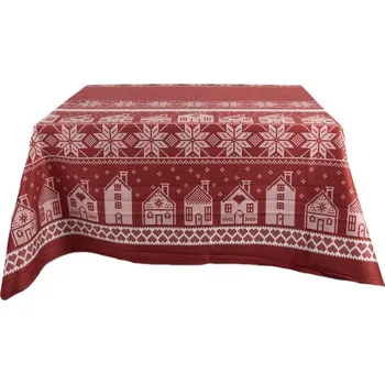 ubrus Červený vánoční ubrus s norským vzorem s domečky – 140x220 cm