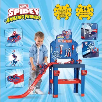 Pracovní dílna s autíčkem Spidey Bricolo Workbench Marvel Smoby se skákající rampou a nářadím 90 doplňků