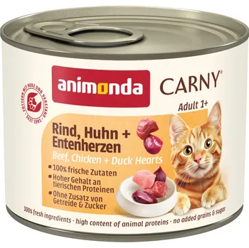 Pro kočku 12x200g animonda Carny Adult - Hovězí, kuřecí & kachní srdce