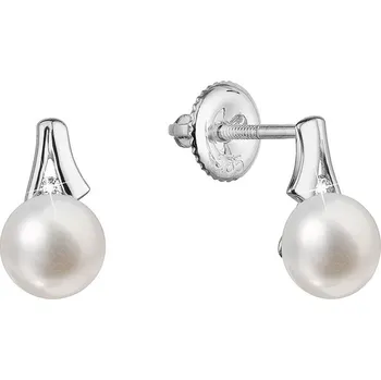 Náušnice Evolution Group s.r.o. Zlaté 14 karátové náušnice bílé zlato s říční perlou a brilianty 81PB00036