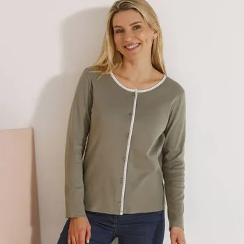 Dámský svetr Propínací svetr s kontrastním lemováním khaki/režná 38/40