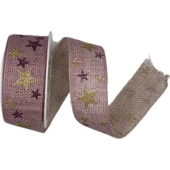 Stuha Stuha vánoční WINTER HEAVEN PINK růžová 25mm x 2m (11,-Kč/m) (Stuha lněná, pastelově růžová, potisk zlaté hvězdy, jednostranná)