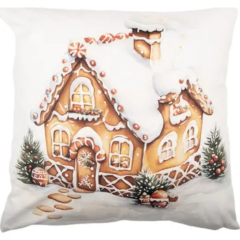 Dekorativní polštářek Béžový vánoční povlak na polštář s perníkovým domečkem – 45x45 cm