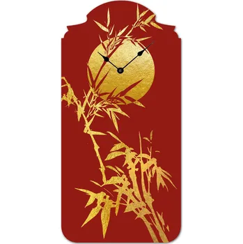 Hodiny Nástěnné dřevěné hodiny - Zlatý bambus v červeném