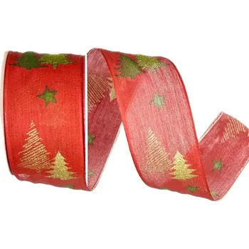 Stuha Stuha vánoční Golden Pine Glow – Red červená 40mm x 2m (14,-Kč/m) (Stuha vánoční, bavlněná, jednostranný potisk, s glitrovým efektem, s drátkem v lemu)