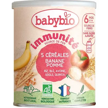 BABYBIO nemléčná 5zrnná obilná kaše immunité s banánem a jablkem 220 g