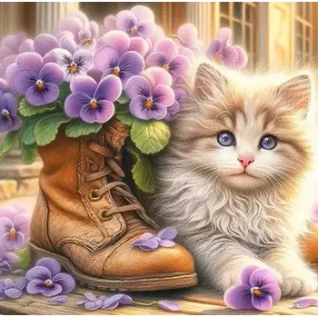 Diamantové malování HOMFUN Kočka a bota s květinami