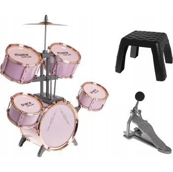 Hudební nástroj pro děti Hudební hračka pro děti 3+ Ramiz Růžová sada velký bubeník s 5 bubny + kovový činel + 2 paličky + židle
