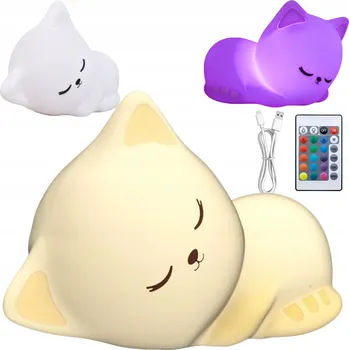 Lampička MĚKKÁ SILIKONOVÁ NOČNÍ LAMPA PRO DĚTI KOČKA LED BAREVNÁ + USB + DÁLKOVÉ OVLÁDÁNÍ