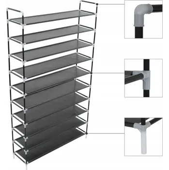 Botník Stojan na boty s 10 policemi, kovovo-plastový, černý, 100x29,5x170 cm