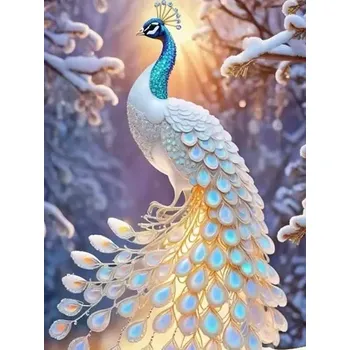 Diamantové malování Diamantové malování/Homfun - Bílý páv v zimě + třpytivé kamínky