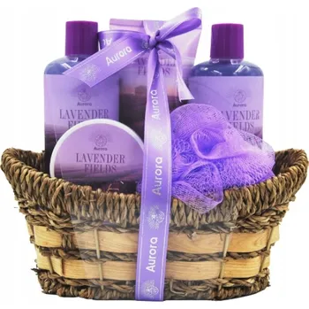Kosmetická sada Dárková Sada 5 kosmetických produktů Aurora v proutěném košíku + levandulová Houbička