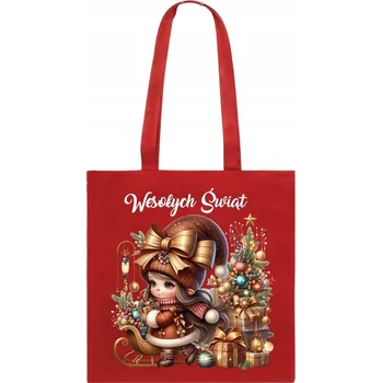 Obraz BAVLNĚNÁ TAŠKA červená s potiskem vánoční panenka