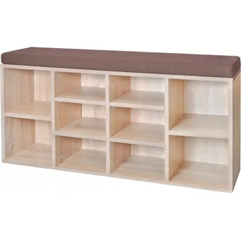 Botník Botník s čalouněným sedákem, dub/hnědá, 103x30x48 cm, 10 přihrádek