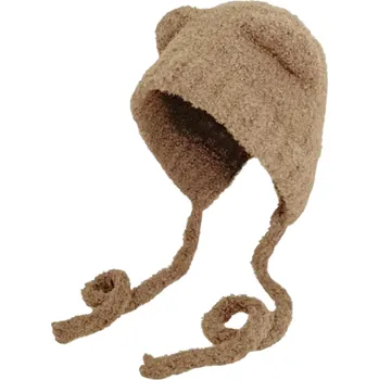 Čepice Zimní plyšová pletená čepice s medvědími oušky a šňůrkami pod krkem Roztomilá teplá vlněná čepice 56–58 cm Styl Gorros Korea Dámská čepice hnědá