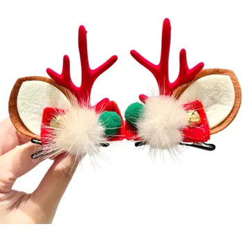 Vánoční dekorace Vánoční sponky do vlasů Sobí parohy s oušky, rolničkami, bambulkou a červenou mašlí Stylový doplněk pro Vánoční účes červená