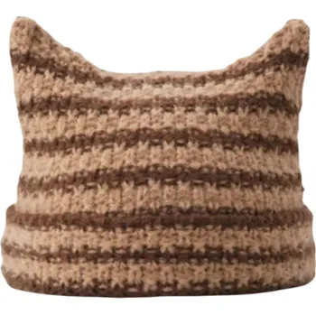 Čepice Pruhovaná pletená čepice s kočičími ušima 56–59 cm Harajuku Little Devil Stylová unisex zimní čepice Bavlna Akryl Streetwear hnědá