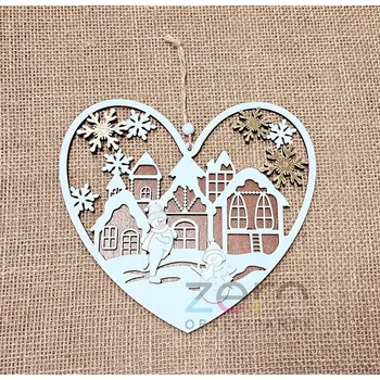 Srdce zimní městečko dřevěné závěsné 20 cm - barevný