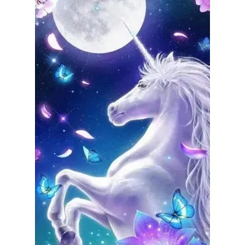 Diamantové malování Diamantové malování/Huacan - Bílý jednorožec a duhoví motýlci