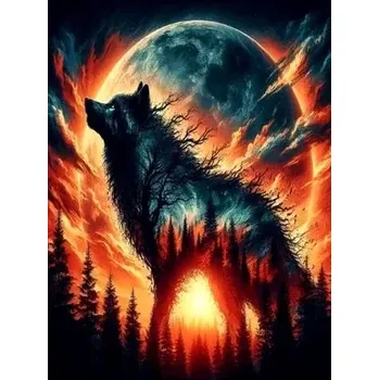 Diamantové malování Diamantové malování/Homfun - Vlk v ohnivém lese + perleťové kamínky NOVINKA