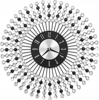 Hodiny Nástěnné hodiny kovové s křišťálovými detaily, Ø43 cm, černo-bílé