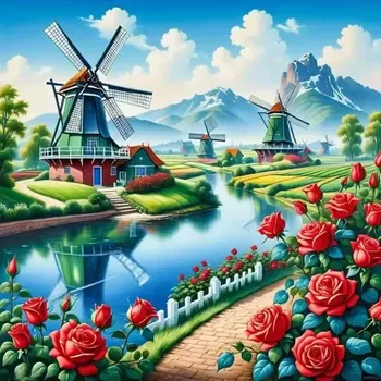 Diamantové malování Diamantové malování/Homfun - Větrný mlýn v říčním údolí + perleťové kamínky (40x40)