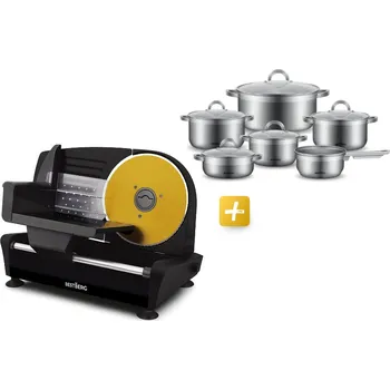 Sada nádobí MEGAKOMBO Elektrický kráječ BestBerg BBS-400B + 11dílná sada nerezových hrnců BestBerg BBSC-11