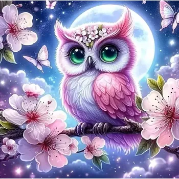 Diamantové malování Diamantové malování/Homfun - Sovička a růžové kvítky při úplňku + perleťové kamínky NOVINKA