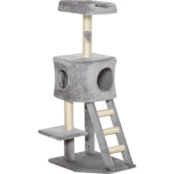 Škrabadlo PawHut stabilní s jeskyní a žebříkem 60 x 48 x 122 cm pro malé kočky ze sisalu ve světle šedé barvě | Aosom.de