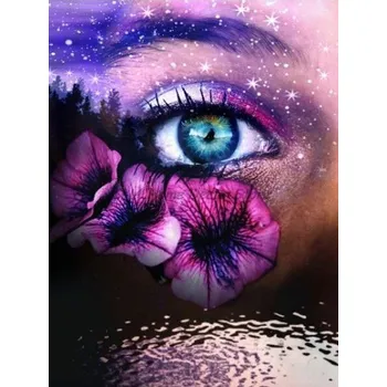 Diamantové malování Diamond painting/Huacan - Dívčí oko a fialové květy