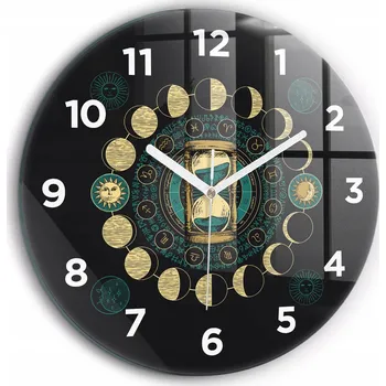 Hodiny Skleněné foto hodiny na zeď Fáze měsíce a přesýpací hodiny kulatý průměr 60 cm