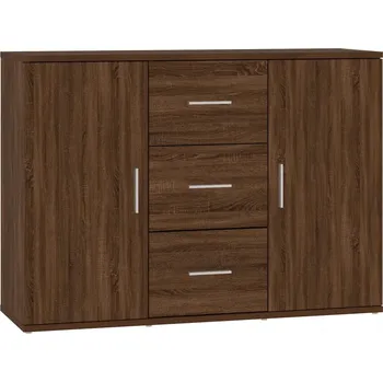 Komoda Minimalistická skříňka se 2 dvířky a 3 zásuvkami, Hnědý dub, 91x29,5x65