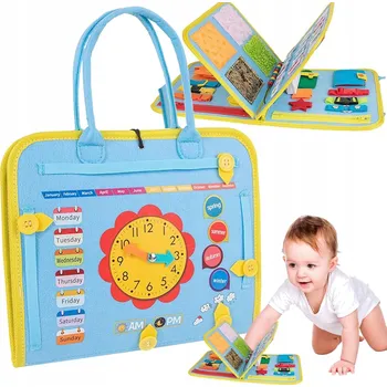 Dřevěná hračka SENZORICKÁ MANIPULAČNÍ MONTESSORI TABULE S HODINAMI, LÁTKOVÁ VÝUKA