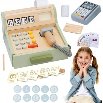 Dřevěná hračka DĚTSKÁ POKLADNA HRAČKA EDUKATIVNÍ 35 DÍLŮ DŘEVO PLAST