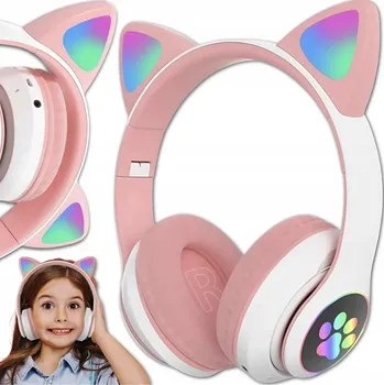 Sluchátka Sluchátka s kočičíma ušima a RGB LED podsvícením, nastavitelná Pink a bílá